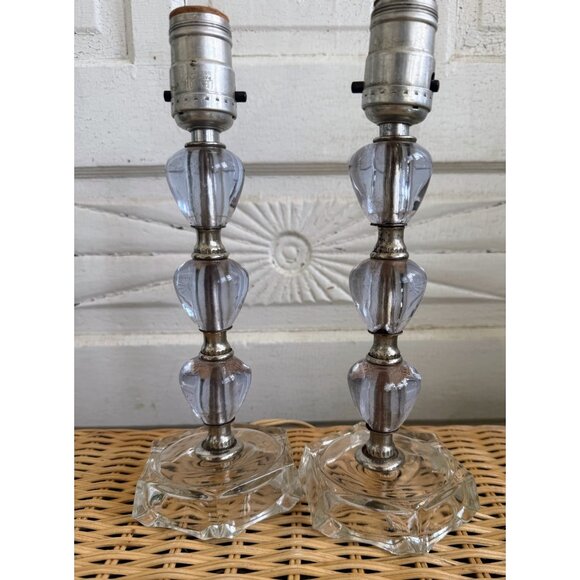 Vintage 60's Pair Small Table Lamps Purple Stacked Lucite Clear Glass - Picture 1 of 16
